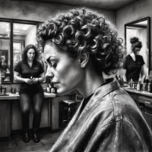 A charcoal sketch  of a woman getting a  new perm at her hairdressers, , high resolution and contrast,  intricately textured and extremely expressive,  epic view,  deep focus,  depth of field,  detailmaster2,  side-light,  ray tracing shadows,  ultra quality ,charcoal drawing