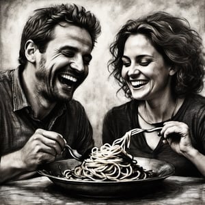 A charcoal  pencil colored drawing of 3 faces showing delight,laughter while hungry eating  spaghetti and drinking wine,   dark palette,  high resolution and contrast,  intricately textured and detailed,  best quality,  fine artwork,  side-light ,charcoal drawing