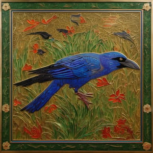 (Cloisonnism) A cloisonnist wall-hanging with crows and gras, vivid palette,  intricately textured and extremely subtle detailed,  detailmaster2,  side-light,  high resolution and contrast,  high colour contrast,  deep focus, depth of field,  ultra quality 