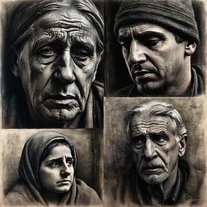 A charcoal  pencil colored drawing of 3 faces showing deep sadness while looking at old photographs    dark palette,  high resolution and contrast,  intricately textured and detailed,  best quality,  fine artwork,  side-light ,charcoal drawing