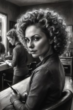 A charcoal sketch  of a woman getting a  new perm at her hairdressers, , high resolution and contrast,  intricately textured and extremely expressive,  epic view,  deep focus,  depth of field,  detailmaster2,  side-light,  ray tracing shadows,  ultra quality ,charcoal drawing