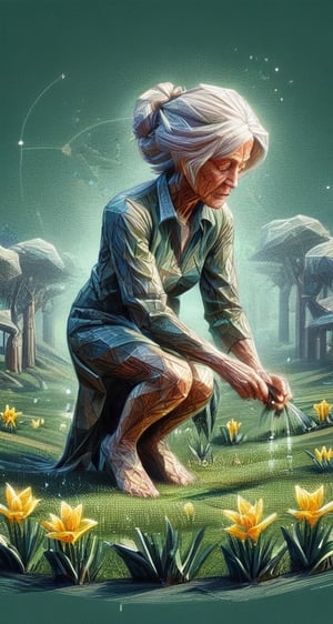 ( Lithographic design) An elderly woman bows down in the park to get a better smell of all the daffodils,  sring lighting, high colour contrast, high contrast, warm colours,  juicy green, 2D, ultra quality , intricately textured and detailed,woodblock print,DonMG30T00nXL,3D Mesh