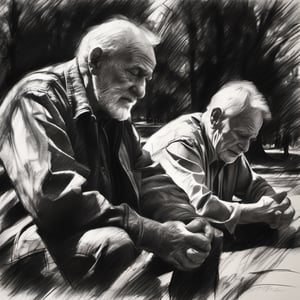 A charcoal sketch, scene in the parc of 2 old men crying and gesticulating  could be a political quarrel,  high resolution and contrast,  intricately textured and detailed,  detailmaster2,  side-light,  ray tracing shadows,  best quality ,charcoal drawing