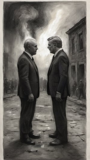 A charcoal drawing of 2 male politicians quarreling about the sa called necessity of war, showing power, impertinence,   indifference, sideways, background a burning town, moods, dark palette,  high resolution and contrast,  intricately textured and detailed,  best quality,  fine artwork,  side-light ,charcoal drawing,photo r3al