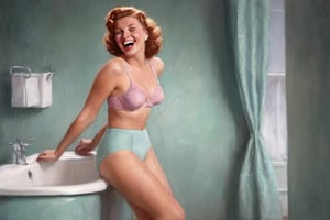 (Pastelart)  full-body portrait  of a young lady in the bathroom, laughing because she's got on Rita Hayworth's underwear of the 1940s, epic view, dark vivid palette,  intricately textured and extremely subtle detailed,  detailmaster2,  moody lighting,  high resolution and contrast,  ultra quality,  fine artwork 
