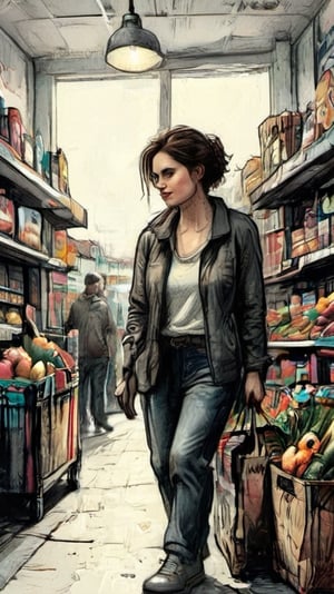 A coloured pencils sketch  of a woman doing her daily 
shopping  in a small supermarket , high resolution and contrast,  intricately textured and extremely expressive,  epic view,  deep focus,  depth of field,  detailmaster2,  side-light,  ray tracing shadows,  ultra quality ,charcoal drawing