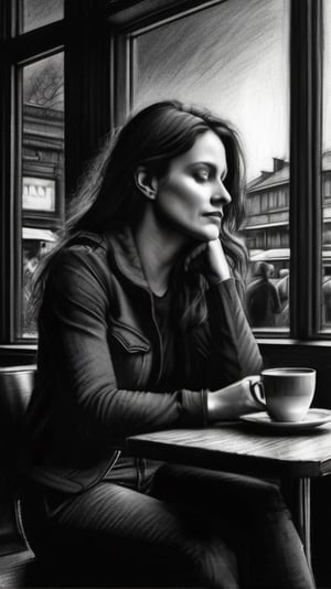 A charcoal  pencil colored drawing of 1 woman day dreaming  while sitting in a cafe ,   dark palette,  high resolution and contrast,  intricately textured and detailed,  best quality,  fine artwork,  side-light ,charcoal drawing,CharcoalDarkStyle,hatching with black pencil