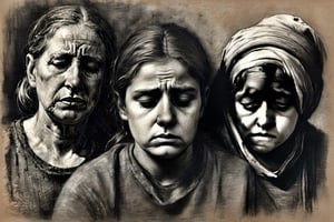 A charcoal  pencil colored drawing of 3 faces showing deep sadness while looking at old photographs    dark palette,  high resolution and contrast,  intricately textured and detailed,  best quality,  fine artwork,  side-light ,charcoal drawing