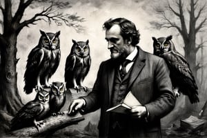 A charcoal sketch in the style of Gustave Dore transferred into the 21. century , a  proud politician meeting the king of owls for important contracts on behalf of forests of planet earth, dark palette,  high resolution and contrast,  intricately textured and detailed,  best quality , fine artwork