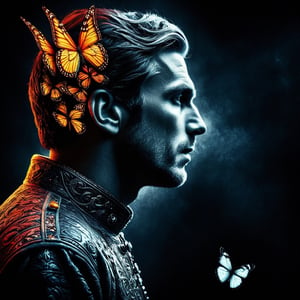 A man , a king who wishes becoming  a butterfly,  vivid palette,  moody lighting,  high resolution and contrast,  intricately textured and extremely detailed,  detailmaster2,  side-light,  best quality,  fine artwork,ink art