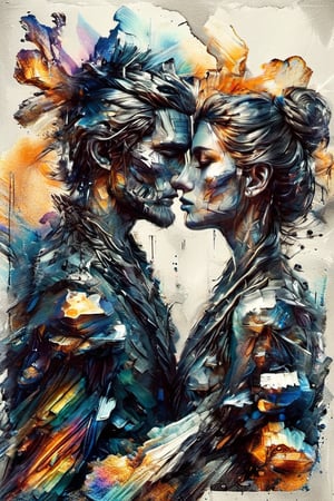 A ripe man kissing his wife, profile-view, dark palette,  highl resolution and contrast,  high colour contrast,  intricately textured and extremely subtle detailed,  detailmaster2,  side-light,  ultra quality,  fine artwork ,ral-bismut,DonMM3l4nch0l1cP5ych0XL