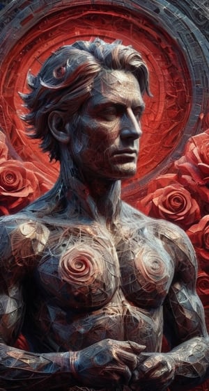 A dramatic surrealist metallic All-Rose Sculptural Digital Painting, in Max Ernst's style,  on different metals,  different looks, different colours, intricately textured, structured and detailed,  deep focus, deep contrast, clear outlines, detailmaster2,  backlight, scarlet-grey background, dark palette,3D Mesh,DonMG30T00nXL