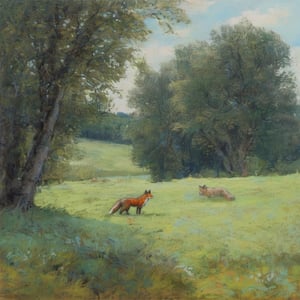 Pastelart An open landscape in France, fields, trees, a wood in the far end, a roaming fox in the foreground, landscape in May, intricately textured and extremely subtle detailed,  detailmaster2,  side-light,  high resolution and contrast,  high colour contrast,  dark vivid palette, ultra quality 