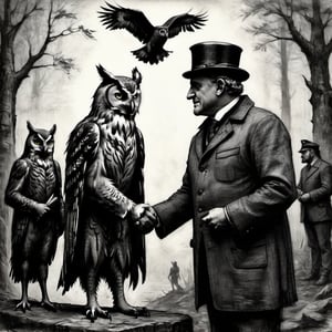 A charcoal sketch of a  proud politician meeting the king of owls for important contracts on behalf of forests of planet earth in a style reminding Gustave  Dore  of today's,   dark palette,  high resolution and contrast,  intricately textured and detailed,  best quality , fine artwork