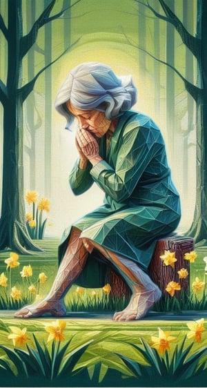 ( Lithographic design) An elderly woman bows down in the park to get a better smell of all the daffodils,  sring lighting, high colour contrast, high contrast, warm colours,  juicy green, 2D, ultra quality , intricately textured and detailed,woodblock print,DonMG30T00nXL,3D Mesh