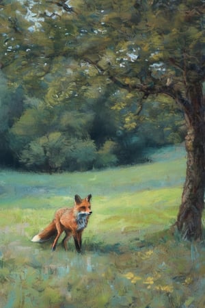 Pastelart An open landscape in France, fields, trees, a wood in the far end, a roaming fox in the foreground, landscape in May, intricately textured and extremely subtle detailed,  detailmaster2,  side-light,  high resolution and contrast,  high colour contrast,  dark vivid palette, ultra quality 