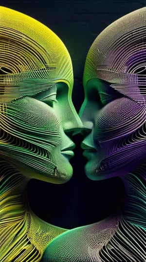 1 photoprint of a loving pair, sharp face contours, 6 long rubber bands, 2 inches broad, yellow, chartreuse, cyan, violet, tan,grey entangled in various ways, forming abstract figures, becoming concrete figures, landscapes, dark palette, high resolution and contrast,  intricately textured and extremely subtle detailed,  ray tracing shadows, depth of field ,3D Mesh,DonMG30T00nXL,3D mesh digital Matrix