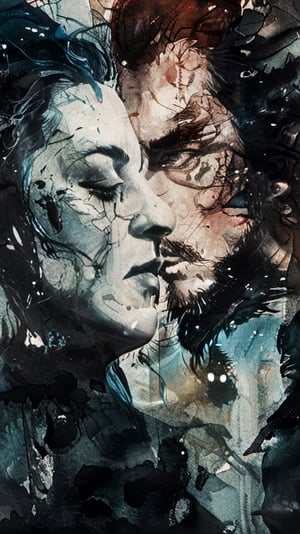 Eros and Aphrodite enjoying nature all around, dark vivid palette,  moody lighting, close-up,  high_resolution and contrast,  high colour contrast,  intricately textured and extremely detailed,  detailmaster2,  ultra quality ,d1p5comp_style,ink,watercolor