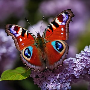 ( National Geographic Photo style) A peacock butterfly photographed sitting on butterfly lilac, 28mm, f14, t1/320, vivid palette, high colour contrast,  high resolution and contrast,  intricately textured and extremely subtle detailed,  detailmaster2,  deep focus,  depth of field,  ray tracing shadows,  ultra quality ,Pomological Watercolor
