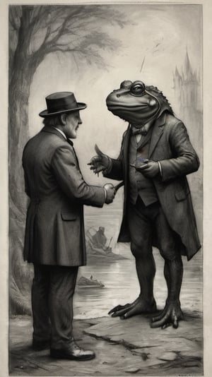 A charcoal sketch in the style of Gustave Dore of  proud politician meeting the king of frogs for important contracts on behalf of the water of planet earth, dark palette,  high resolution and contrast,  intricately textured and detailed,  best quality , fine artwork