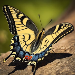 A swallowtail butterfly,  close-up,  vivid palette,  high resolution and contrast and intricately textured and extremely detailed,  ray tracing shadows,  high colour contrast,  ultra quality 