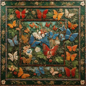 (Cloisonnism) A cloisonnist wall-hanging with butterflies and flowers, vivid palette,  intricately textured and extremely subtle detailed,  detailmaster2,  side-light,  high resolution and contrast,  high colour contrast,  deep focus, depth of field,  ultra quality 