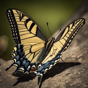 A swallowtail butterfly,  close-up,  dark palette,  high resolution and contrast and intricately textured and extremely detailed,  ray tracing shadows,  high colour contrast,  ultra quality 