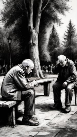 A charcoal sketch, scene in the parc of 2 old men crying and gesticulating  could be a political quarrel,  high resolution and contrast,  intricately textured and detailed,  detailmaster2,  side-light,  ray tracing shadows,  best quality ,charcoal drawing
