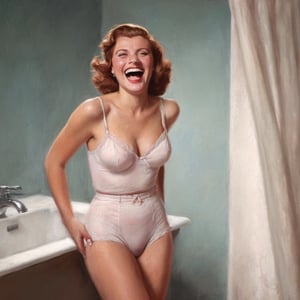 (Pastelart)  full-body portrait  of a young lady in the bathroom, laughing because she's got on Rita Hayworth's underwear of the 1940s, epic view, dark vivid palette,  intricately textured and extremely subtle detailed,  detailmaster2,  moody lighting,  high resolution and contrast,  ultra quality,  fine artwork 

