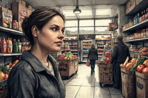A coloured pencils sketch  of a woman doing her daily 
shopping  in a small supermarket , high resolution and contrast,  intricately textured and extremely expressive,  epic view,  deep focus,  depth of field,  detailmaster2,  side-light,  ray tracing shadows,  ultra quality ,charcoal drawing