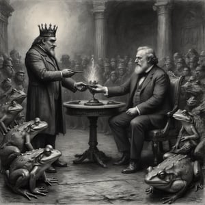 A charcoal sketch in the style of Gustave Dore of  proud politician meeting the king of frogs for important contracts on behalf of the water of planet earth, dark palette,  high resolution and contrast,  intricately textured and detailed,  best quality , fine artwork
