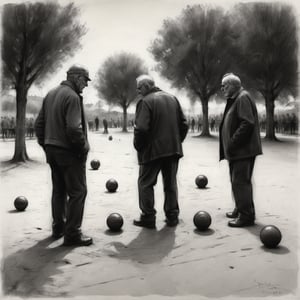 A charcoal sketch  of old men playing Boules in a parc in southern France , high resolution and contrast,  intricately textured and extremely expressive,  epic view,  deep focus,  depth of field,  detailmaster2,  side-light,  ray tracing shadows,  ultra quality ,charcoal drawing