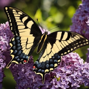 A swallowtail butterfly on a lilac bush,   close-up,  dark palette,  high resolution and contrast and intricately textured and extremely detailed,  ray tracing shadows,  high colour contrast,  ultra quality ,r4w photo