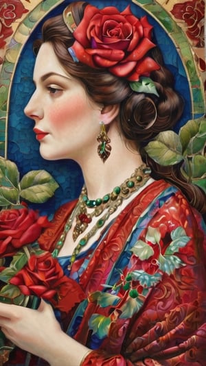 (Cloisonnism) A cloisonnist wall-hanging with fantastic red roses decorating the cloisonnist portrait of a woman of the 30s,, vivid palette,  intricately textured and extremely subtle detailed,  detailmaster2,  side-light,  high resolution and contrast,  high colour contrast,  deep focus, depth of field,  ultra quality ,Pomological Watercolor