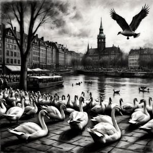 A charcoal drawing of Swans in Hamburg on Jungfernstieg , lots of pigeons and people standing, sitting around not to forget the seagulls, vivid dark palette, high resolution and contrast,  high colour contrast,  deep focus,  depth of field,  epic view,  ultra quality,  intricately textured and extremely detailed,  detailmaster2 ,charcoal drawing