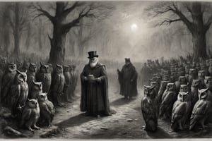 A charcoal sketch in the style of Gustave Dore transferred into the 21. century , a  proud politician meeting the king of owls for important contracts on behalf of forests of planet earth, dark palette,  high resolution and contrast,  intricately textured and detailed,  best quality , fine artwork