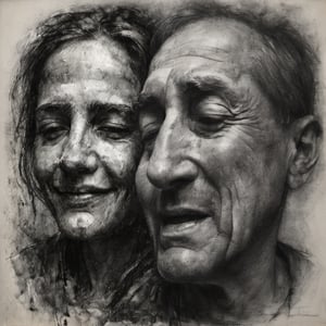 A charcoal drawing of 3 faces showing sadness, laughter, indifference,  moods, dark palette,  high resolution and contrast,  intricately textured and detailed,  best quality,  fine artwork,  side-light ,charcoal drawing