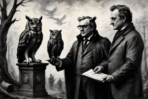 A charcoal sketch of a  proud politician meeting the king of owls for important contracts on behalf of forests of planet earth in a style reminding Gustave  Dore  of today's,   dark palette,  high resolution and contrast,  intricately textured and detailed,  best quality , fine artwork