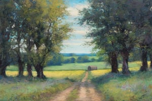 Pastelart An open landscape in France, fields, trees, a wood in the far end, landscape in May, intricately textured and extremely subtle detailed,  detailmaster2,  side-light,  high resolution and contrast,  high colour contrast,  dark vivid palette, ultra quality 