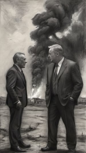A charcoal drawing of 2 male politicians quarreling about the sa called necessity of war, showing power, impertinence,   indifference, sideways, background a burning town, moods, dark palette,  high resolution and contrast,  intricately textured and detailed,  best quality,  fine artwork,  side-light ,charcoal drawing,photo r3al