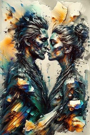 A ripe man kissing his wife, profile-view, dark palette, lime background, highl resolution and contrast,  high colour contrast,  intricately textured and extremely subtle detailed,  detailmaster2,  side-light,  ultra quality,  fine artwork ,ral-bismut,DonMM3l4nch0l1cP5ych0XL