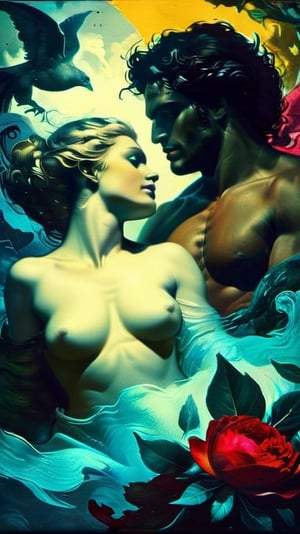 Eros and Aphrodite enjoying nature all around, dark vivid palette,  cyan-olive foreground, yellow-scarlett background, moody lighting, close-up,  high_resolution and contrast,  high colour contrast,  intricately textured and extremely detailed,  detailmaster2,  ultra quality 