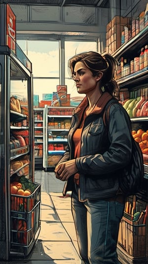 A coloured pencils sketch  of a woman doing her daily 
shopping  in a small supermarket , high resolution and contrast,  intricately textured and extremely expressive,  epic view,  deep focus,  depth of field,  detailmaster2,  side-light,  ray tracing shadows,  ultra quality ,charcoal drawing,charcoal \(medium\)
