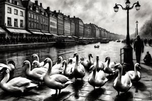 A charcoal drawing of Swans in Hamburg on Jungfernstieg , lots of pigeons and people standing, sitting around not to forget the seagulls, vivid dark palette, high resolution and contrast,  high colour contrast,  deep focus,  depth of field,  epic view,  ultra quality,  intricately textured and extremely detailed,  detailmaster2 ,charcoal drawing