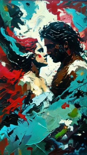 Eros and Aphrodite enjoying nature all around, dark vivid palette,  cyan-olive foreground, scarlett background, moody lighting, close-up,  high_resolution and contrast,  high colour contrast,  intricately textured and extremely detailed,  detailmaster2,  ultra quality ,impressionist painting