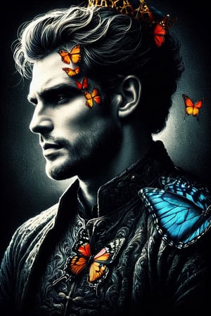 A man , a king who wishes becoming  a butterfly,  vivid palette,  moody lighting,  high resolution and contrast,  intricately textured and extremely detailed,  detailmaster2,  side-light,  best quality,  fine artwork,ink art
