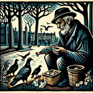 A lino print of a n old man feeding pigeons in the parc, dark palette,  high resolution and contrast,  intricately textured and detailed,  fine artwork,woodblock print