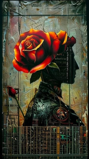 A dramatic surrealist All-Rose Digital Painting, in Max Ernst's style,  on different papers, different looks, different colours, intricately textured, structured and detailed,  deep focus, deep contrast, clear outlines, detailmaster2,  backlight, bright-scarlet-grey background, dark palette,ral-polygon, in the style of esao andrews