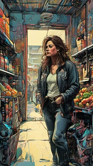 A coloured pencils sketch  of a woman doing her daily 
shopping  in a small supermarket , high resolution and contrast,  intricately textured and extremely expressive,  epic view,  deep focus,  depth of field,  detailmaster2,  side-light,  ray tracing shadows,  ultra quality ,charcoal drawing,charcoal \(medium\)