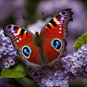 ( National Geographic Photo style) A peacock butterfly photographed sitting on butterfly lilac, 28mm, f14, t1/320, vivid palette, high colour contrast,  high resolution and contrast,  intricately textured and extremely subtle detailed,  detailmaster2,  deep focus,  depth of field,  ray tracing shadows,  ultra quality ,Pomological Watercolor